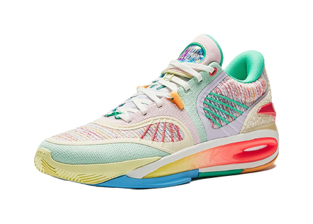 Green basketball shoe, white laces, colorful detailing, green collar, cushioned midsole