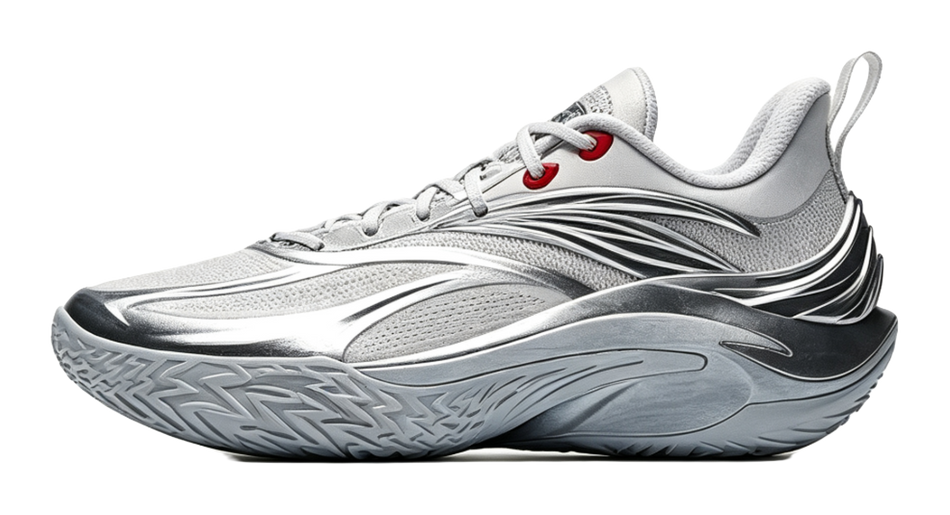 Anta silver basketball shoe with red logo, sculpted side panel and chunky gray sole