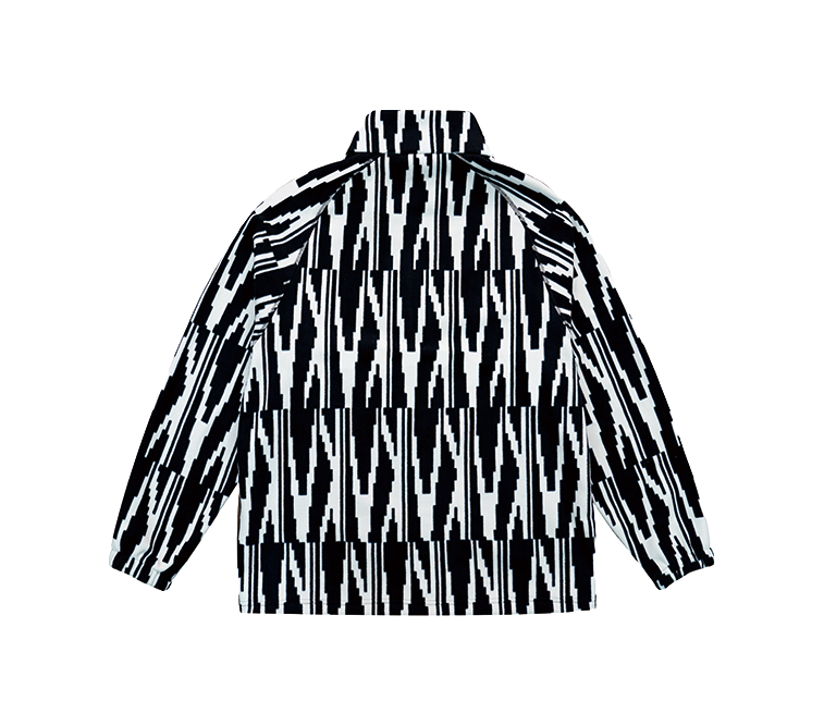 Zip-up sweatshirt jacket with all-over black and white pattern, front zip, stand collar.
