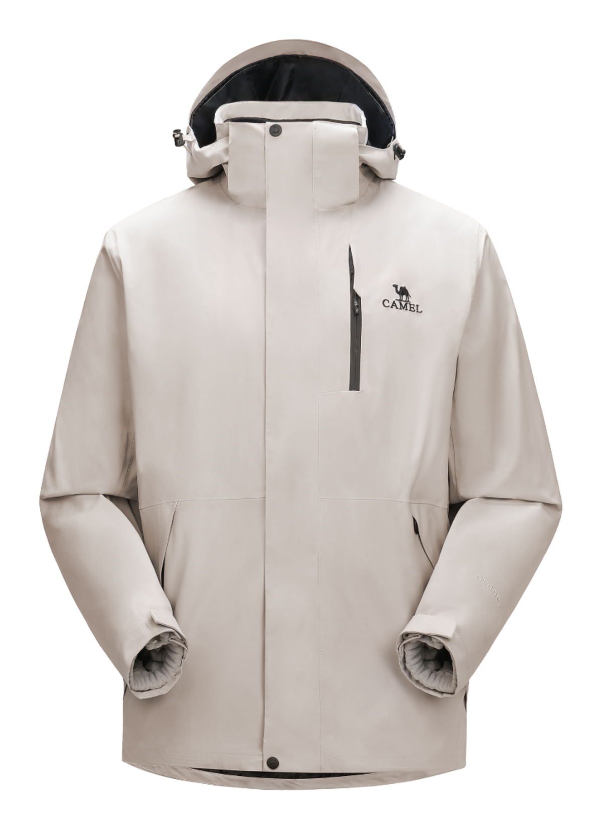Light khaki waterproof hooded jacket with front zipper and drawstring, long sleeves
