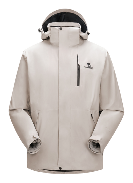 Light khaki waterproof hooded jacket with front zipper and drawstring, long sleeves