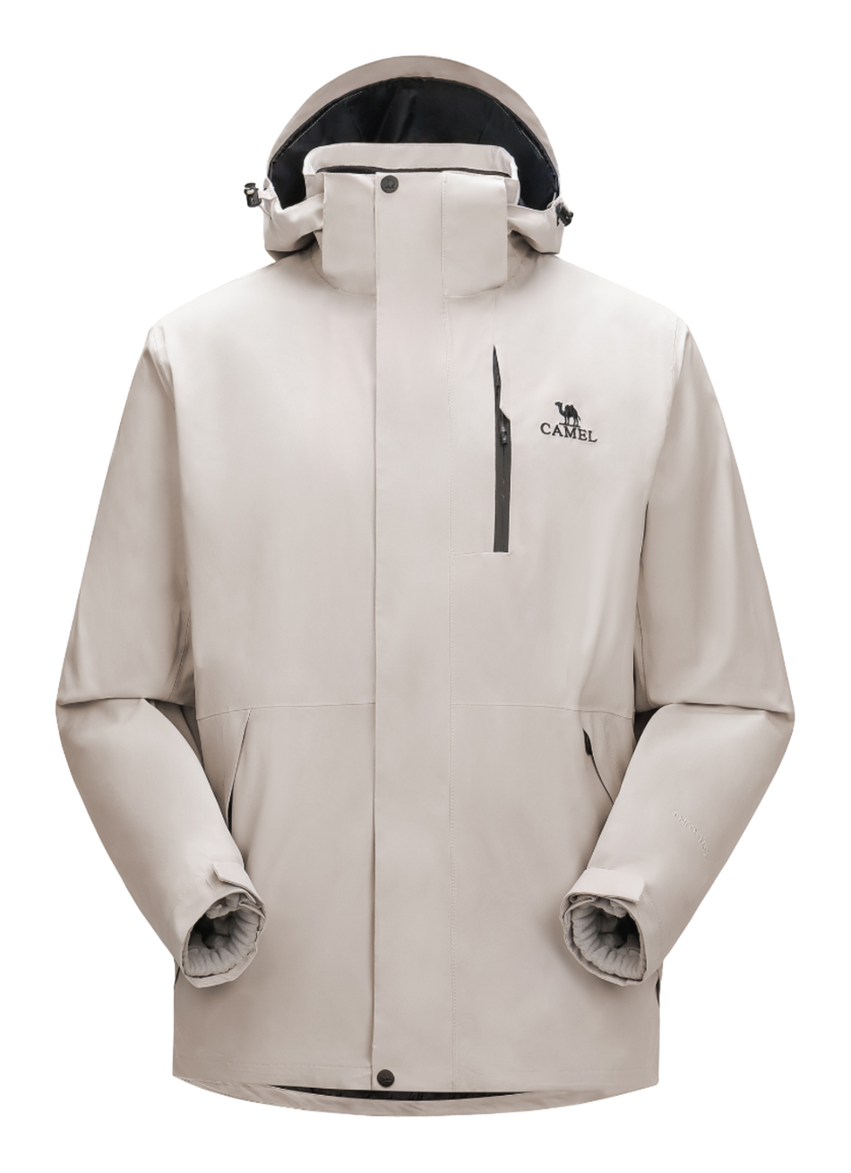 Light khaki waterproof hooded jacket with front zipper and drawstring, long sleeves