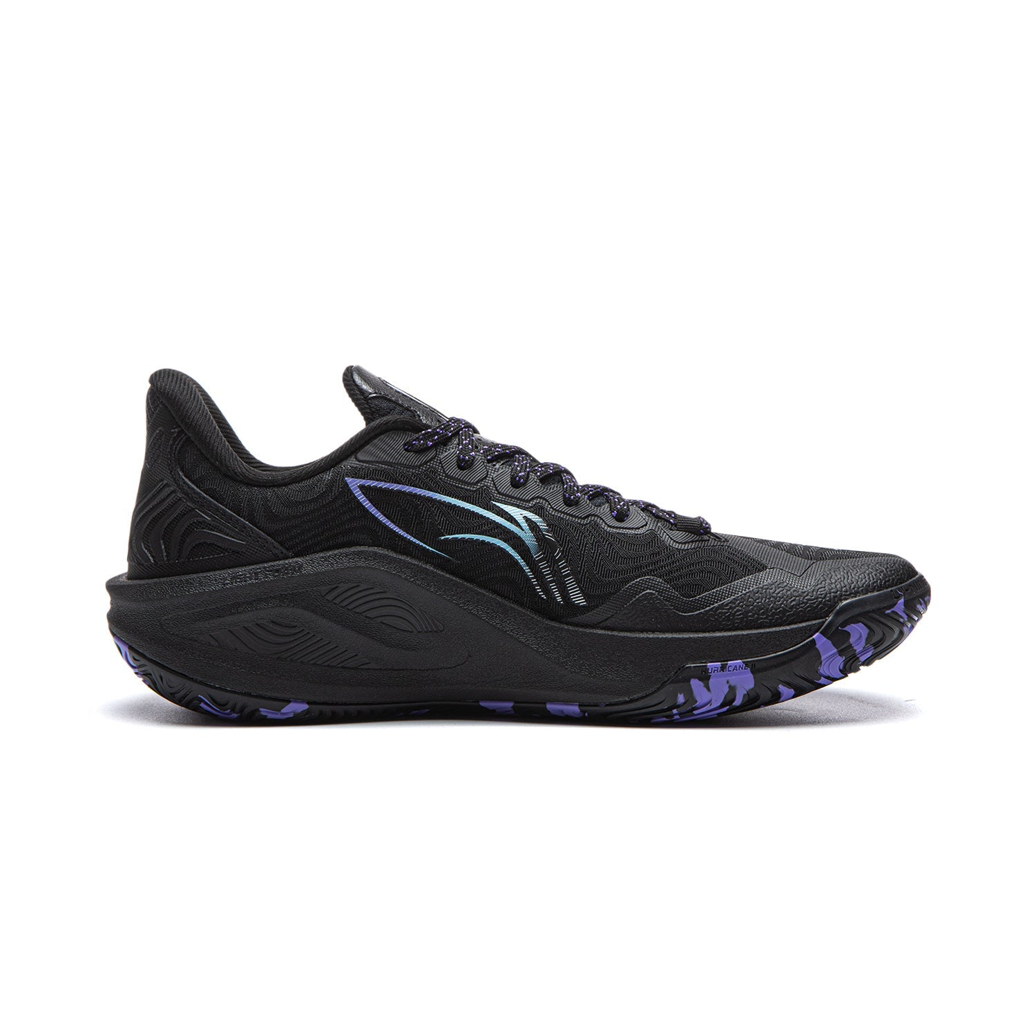 Black basketball shoes with blue stripe detailing and purple accents, lace-up.
