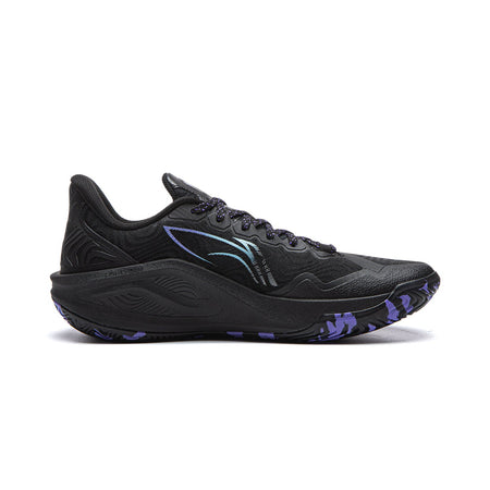 Black basketball shoes with blue stripe detailing and purple accents, lace-up.