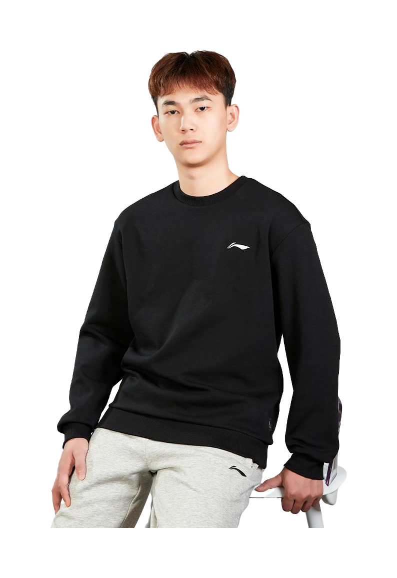 Li-Ning men’s black crewneck sweatshirt worn by model, white chest logo