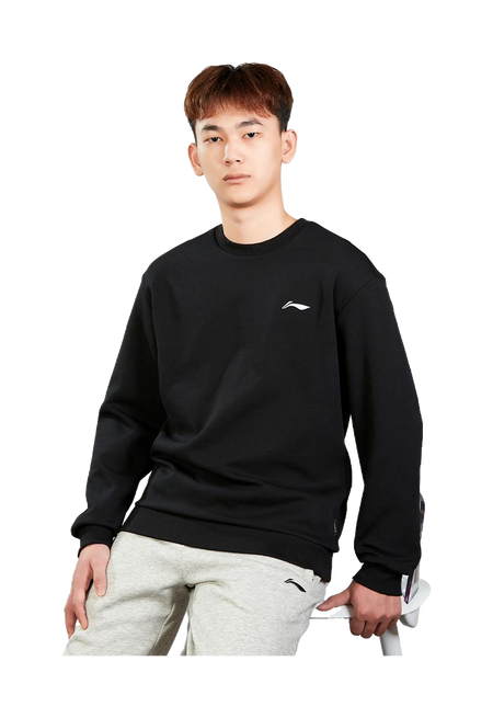 Li-Ning men’s black crewneck sweatshirt worn by model, white chest logo