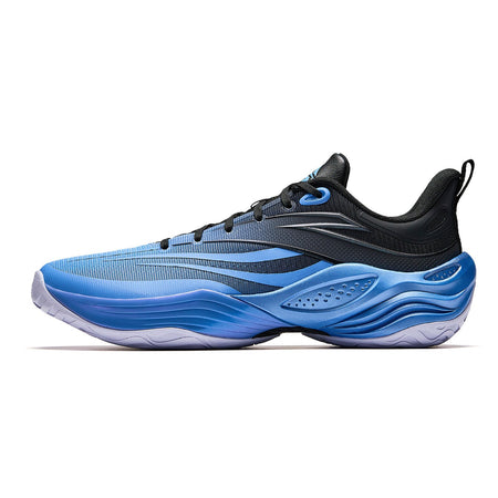 Blue and black basketball shoe with ribbed midsole and lace-up front