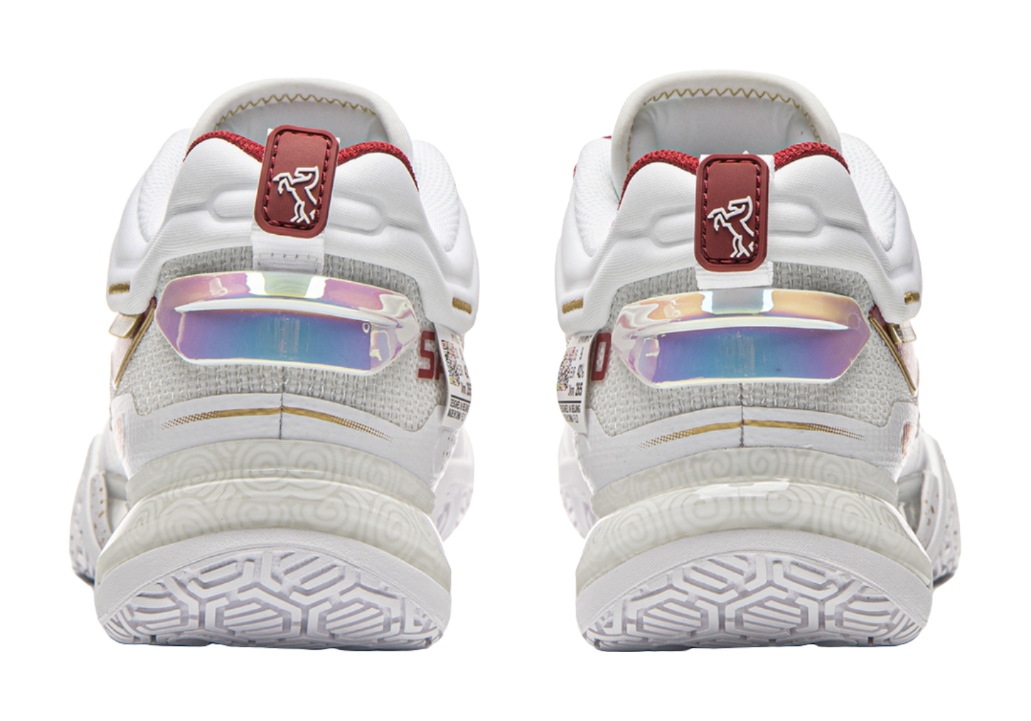 Back view of white and red badminton shoes with heel strap and durable outsole