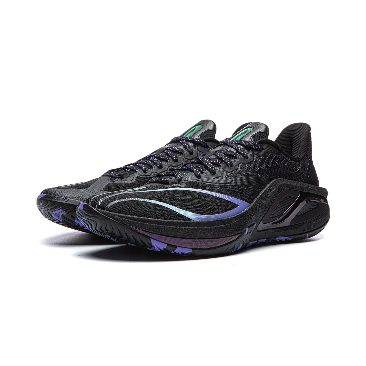 Black basketball shoes with blue and purple trim, lace-up athletic design.