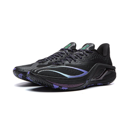 Black basketball shoes with blue and purple trim, lace-up athletic design.