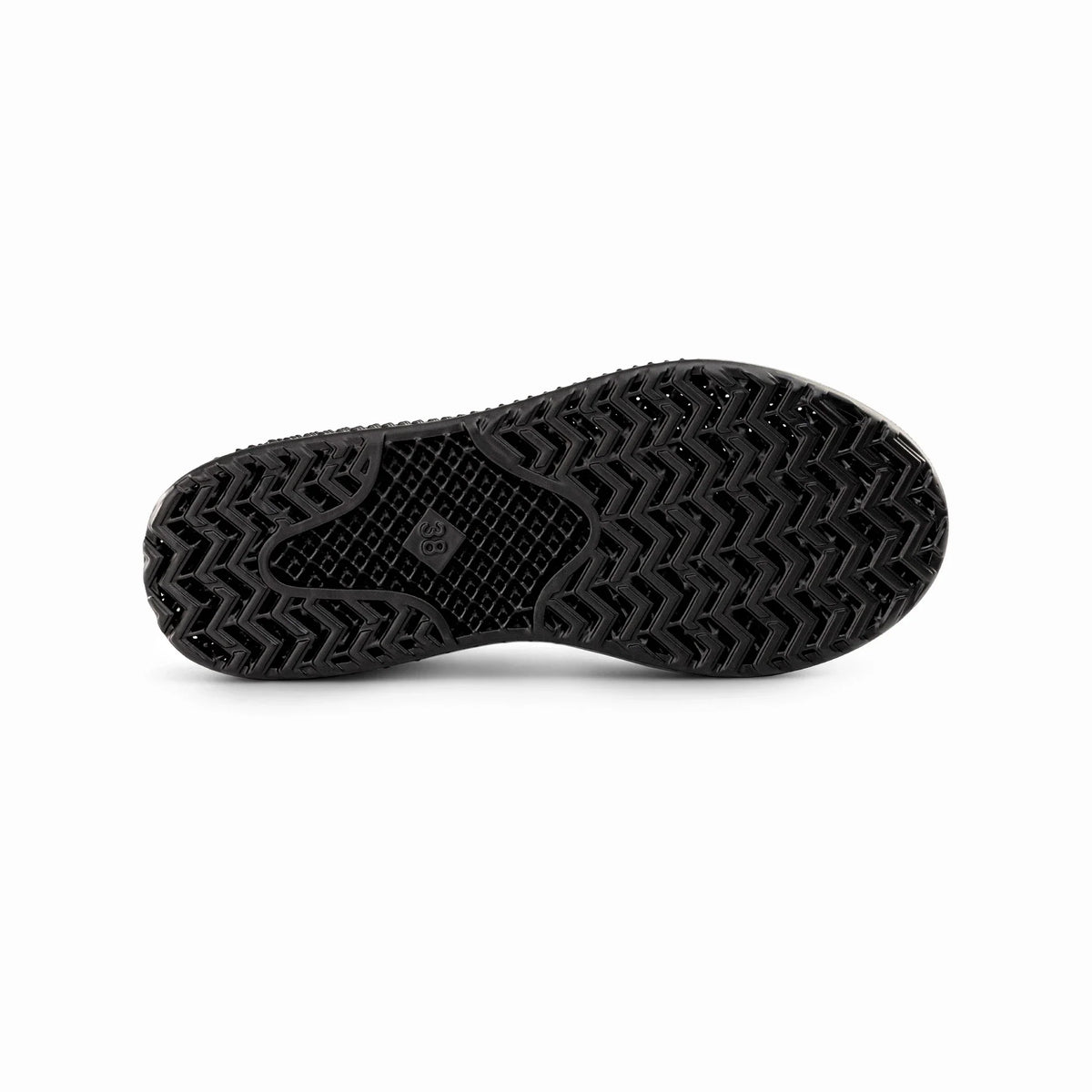 Black outsole of 3D-printed casual sneakers with zigzag tread pattern