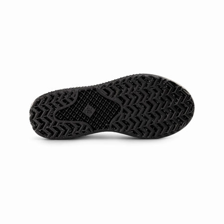 Black outsole of 3D-printed casual sneakers with zigzag tread pattern