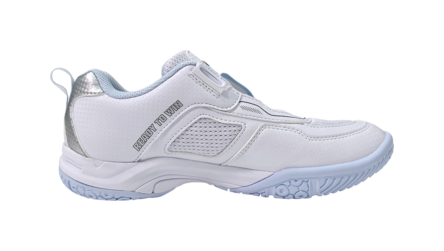 White unisex badminton shoe, side view with textured panels and blue sole tread