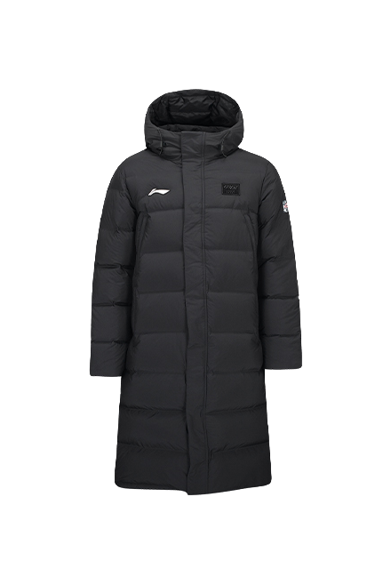 Black hooded long down puffer jacket with front zipper and side pockets