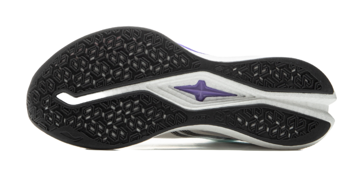 Running shoe outsole with black textured tread and purple star logo on white section