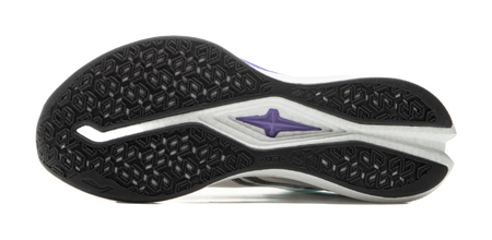 Running shoe outsole with black textured tread and purple star logo on white section