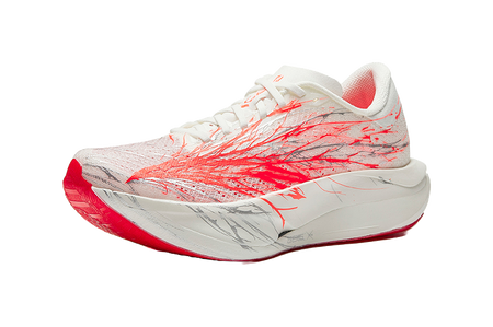 White running shoes with red side swoosh graphics and marbled sole cushioning.
