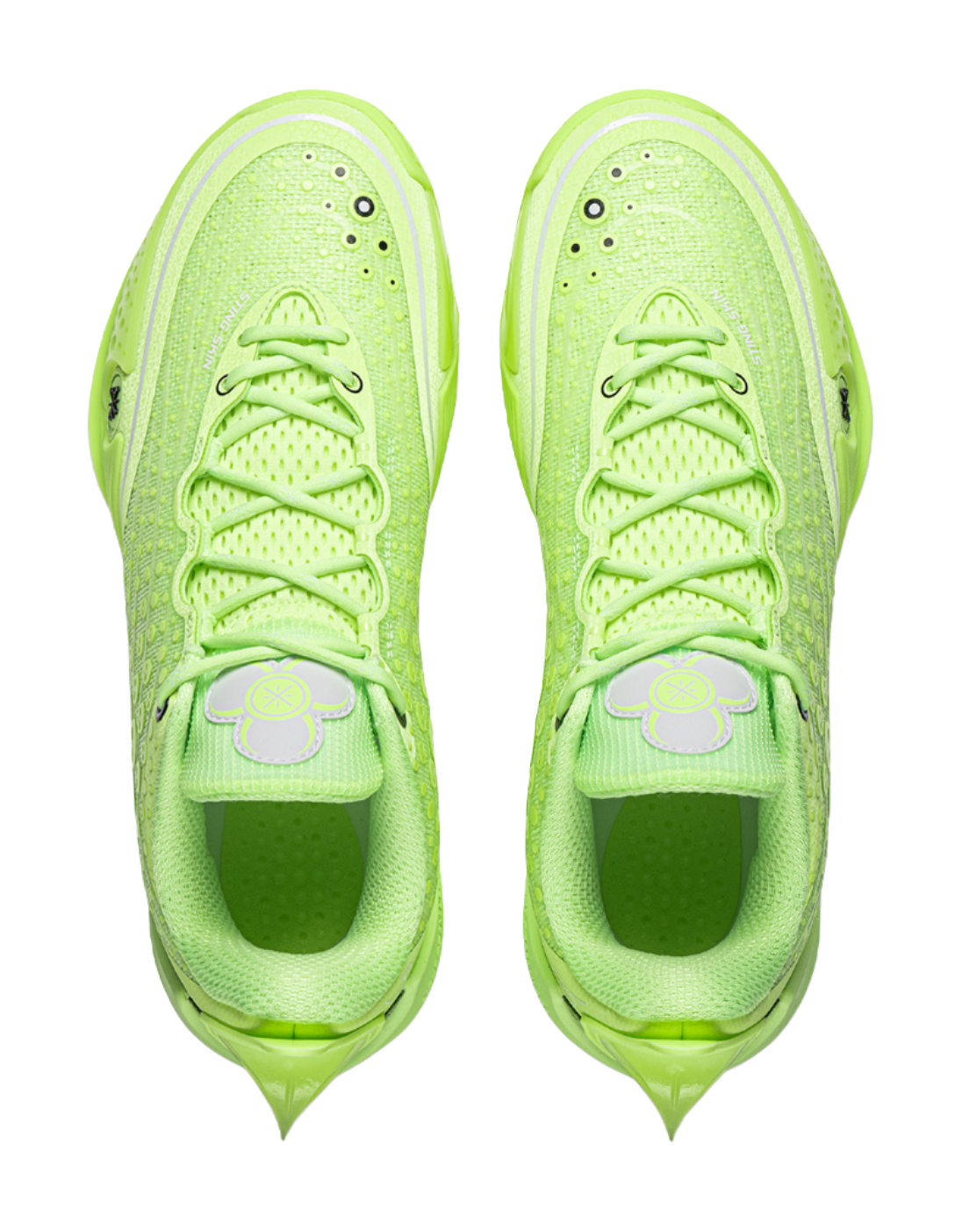 Pair of fluorescent ice green basketball shoes, front view with lace-up openings