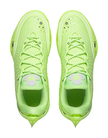 Pair of fluorescent ice green basketball shoes, front view with lace-up openings