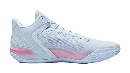 Men's low-top basketball shoe side view, light blue upper with pink trim