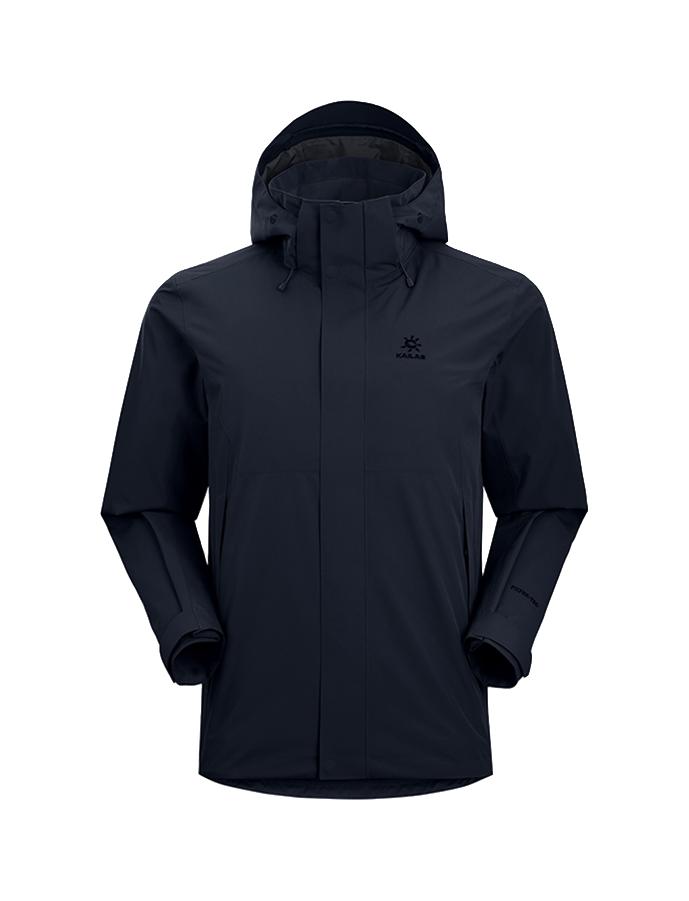 Men's hooded windbreaker jacket in dark navy with full-length zipper and zip pockets