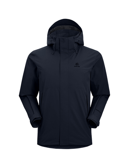 Men's hooded windbreaker jacket in dark navy with full-length zipper and zip pockets