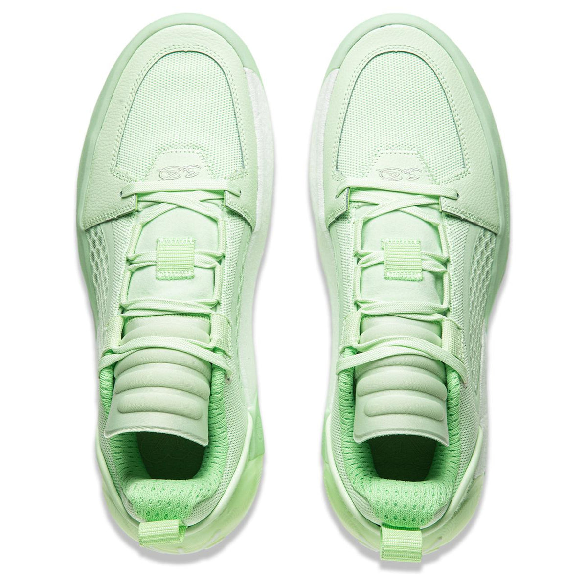 Pair of Agile green basketball shoes, front view, lace-up with padded tongue and collar.