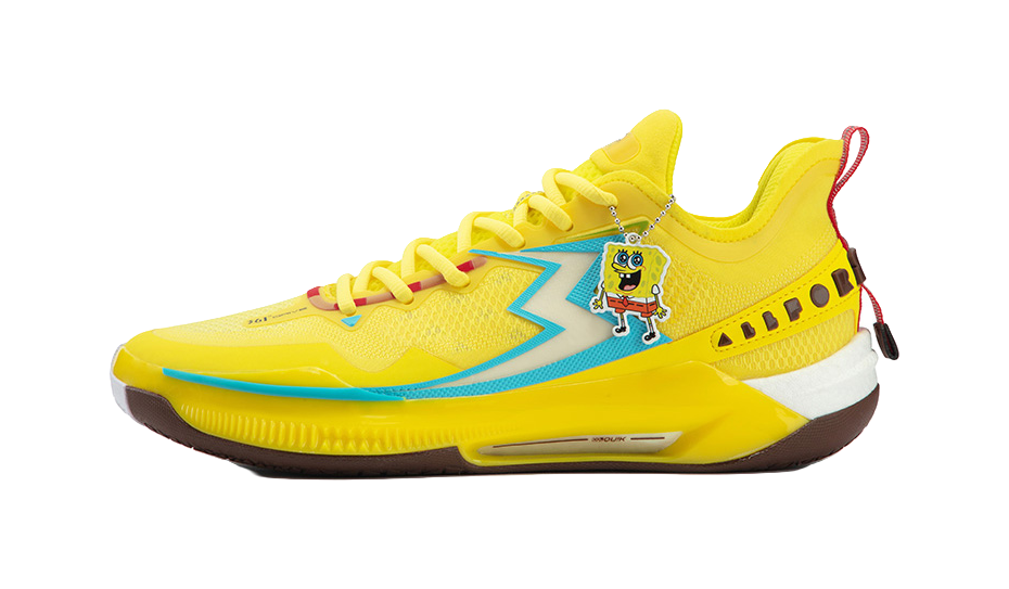Sour yellow basketball shoes with SpongeBob side graphic, lace-up front