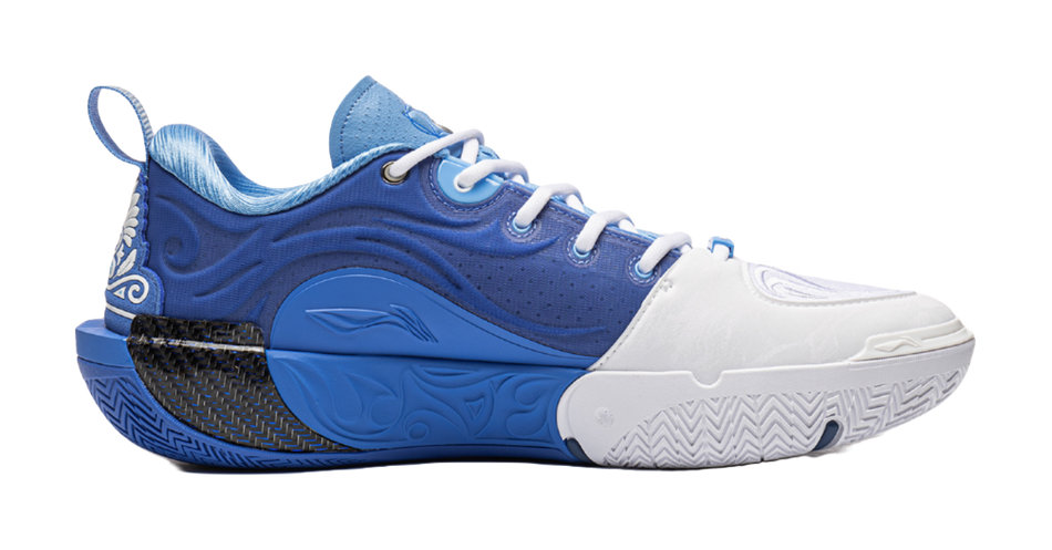 Low-top basketball shoe with white toe and blue upper, lace-up and perforated side panels.