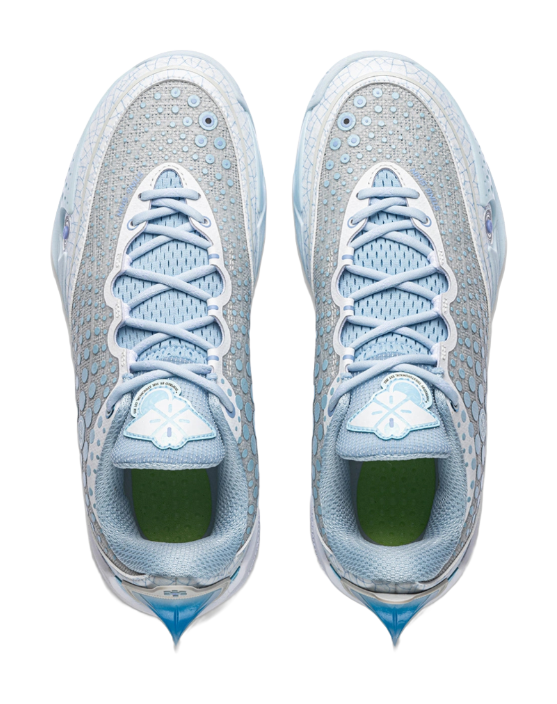 Ice blue basketball shoes with lace-up forefoot and patterned upper, top view