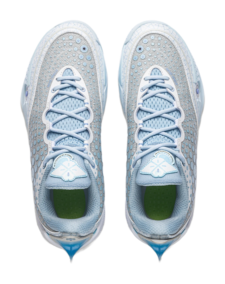 Ice blue basketball shoes with lace-up forefoot and patterned upper, top view