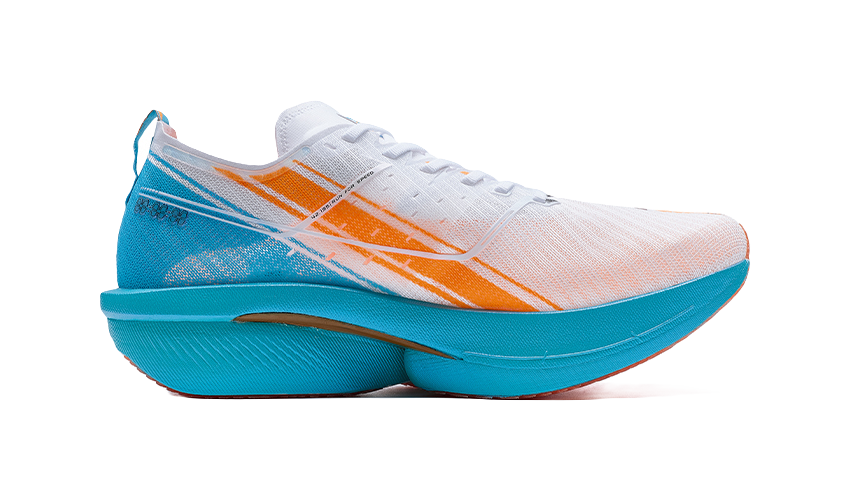 Men's low-top running shoes, white upper with orange stripes and teal-blue sole