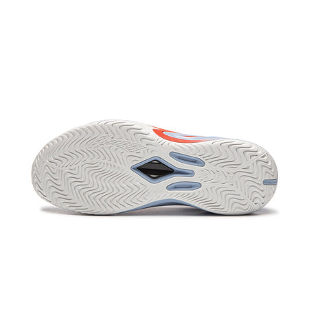 Men's basketball shoe outsole, textured white rubber with blue and red traction details.
