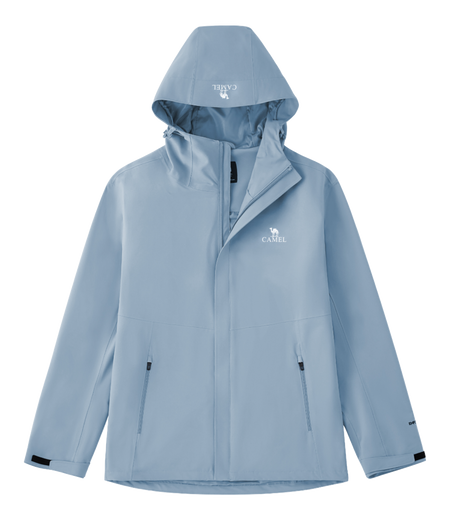 Unisex light blue hooded windbreaker jacket with front zipper and side pockets