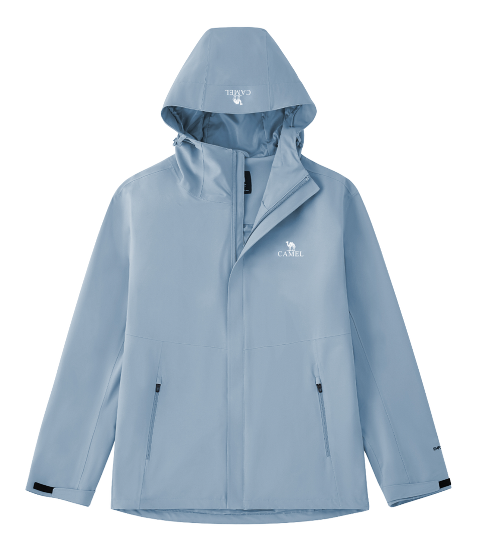 Unisex light blue hooded windbreaker jacket with front zipper and side pockets