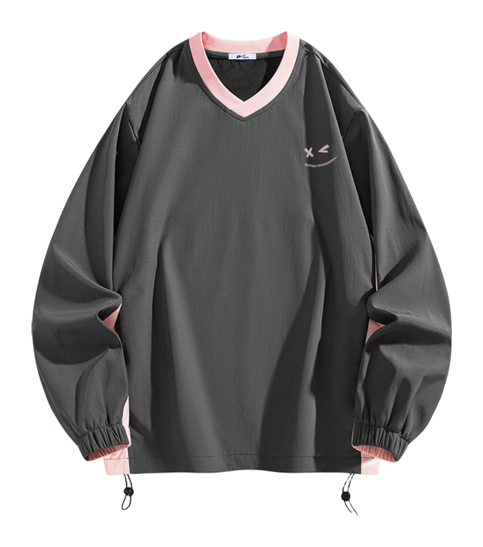 Warrior Revival Cloud Sail Series American Trendy College Style Contrast Ribbed Bottom Adjustable Smiling Face Letter Printed Loose Casual Versatile Hoodie Bottom Shirt Outer Wear Inner Wear Hoodie Long Sleeve T-shirt Unisex  vjsneaker.com