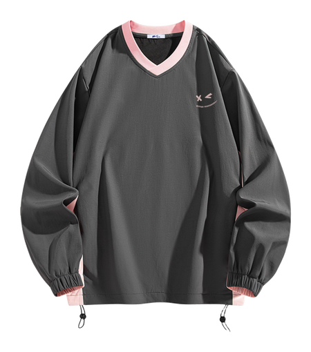 Warrior Revival Cloud Sail Series American Trendy College Style Contrast Ribbed Bottom Adjustable Smiling Face Letter Printed Loose Casual Versatile Hoodie Bottom Shirt Outer Wear Inner Wear Hoodie Long Sleeve T-shirt Unisex  vjsneaker.com