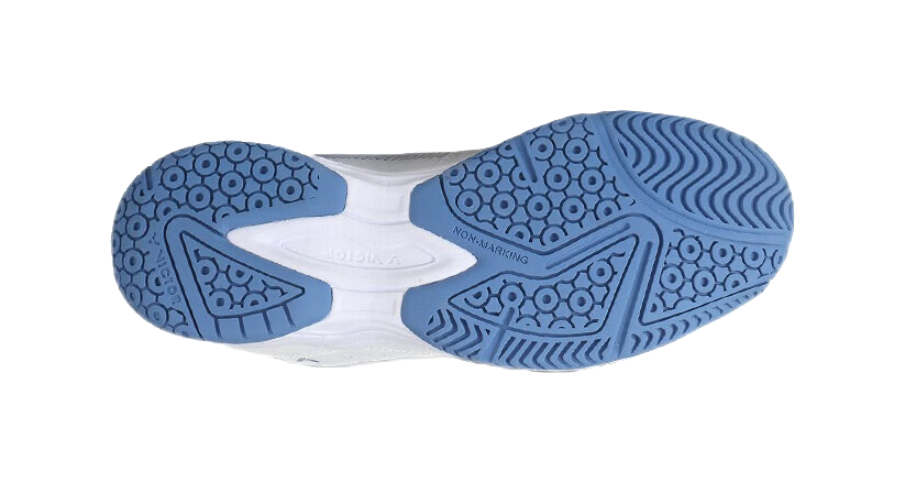 Unisex badminton shoe outsole with blue traction pattern and white midsole.