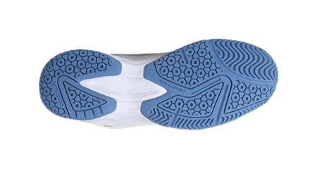 Unisex badminton shoe outsole with blue traction pattern and white midsole.