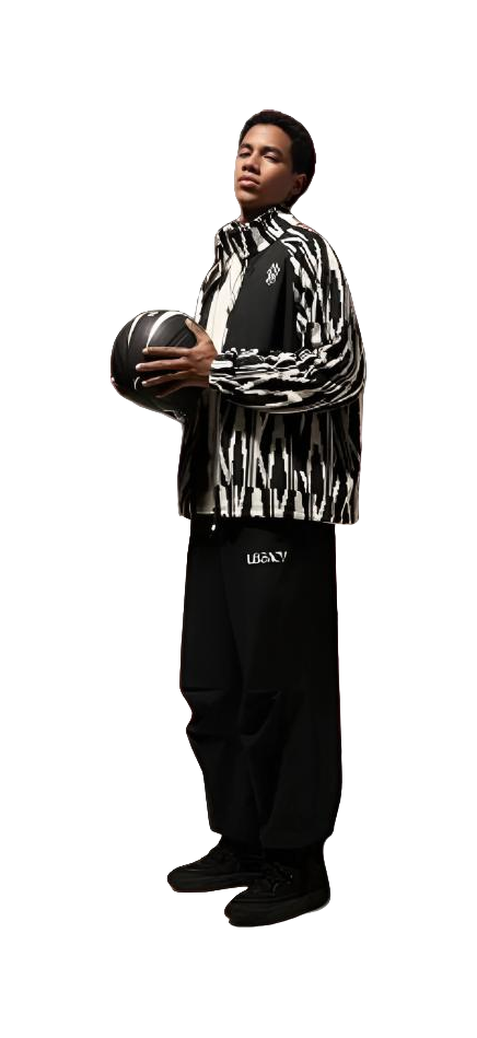 Model wearing zip-up sweatshirt jacket with black-and-white all-over pattern and stand collar.