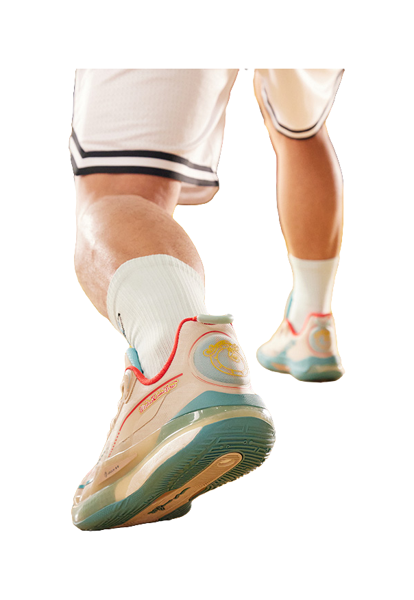 Side view of unisex basketball shoe on foot; oat beige upper with teal sole