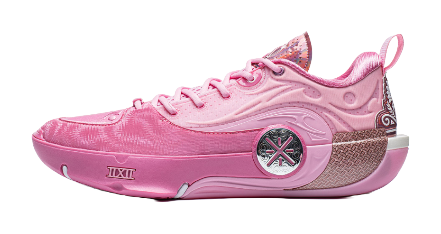 Pink basketball sneaker with lace-up front and textured side panel