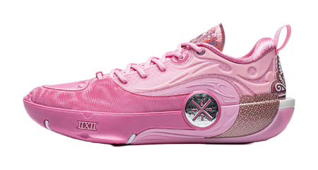 Pink basketball sneaker with lace-up front and textured side panel