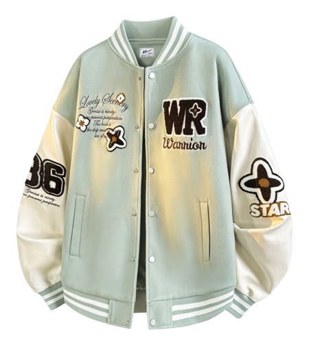Warrior American Heavy duty Retro Towel Embroidered Logo Contrast Splicing Leather Personalized Design Trendy Versatile Loose Casual Campus Style Couple Windproof Thick Long Sleeve Jacket Autumn/Winter Cotton Jacket Baseball Jacket Unisex  VJSNEAKER