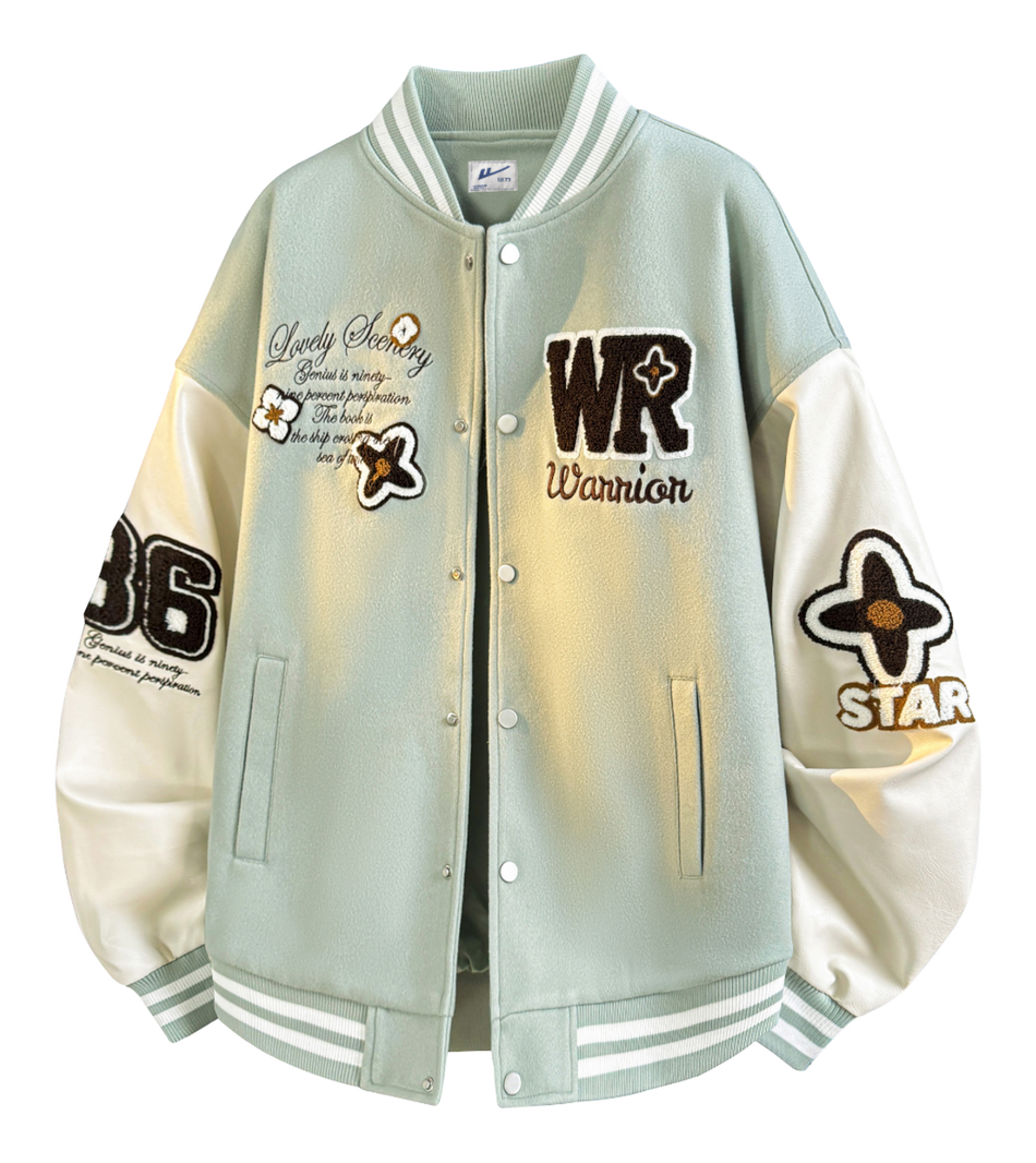 Warrior American Heavy duty Retro Towel Embroidered Logo Contrast Splicing Leather Personalized Design Trendy Versatile Loose Casual Campus Style Couple Windproof Thick Long Sleeve Jacket Autumn/Winter Cotton Jacket Baseball Jacket Unisex  VJSNEAKER