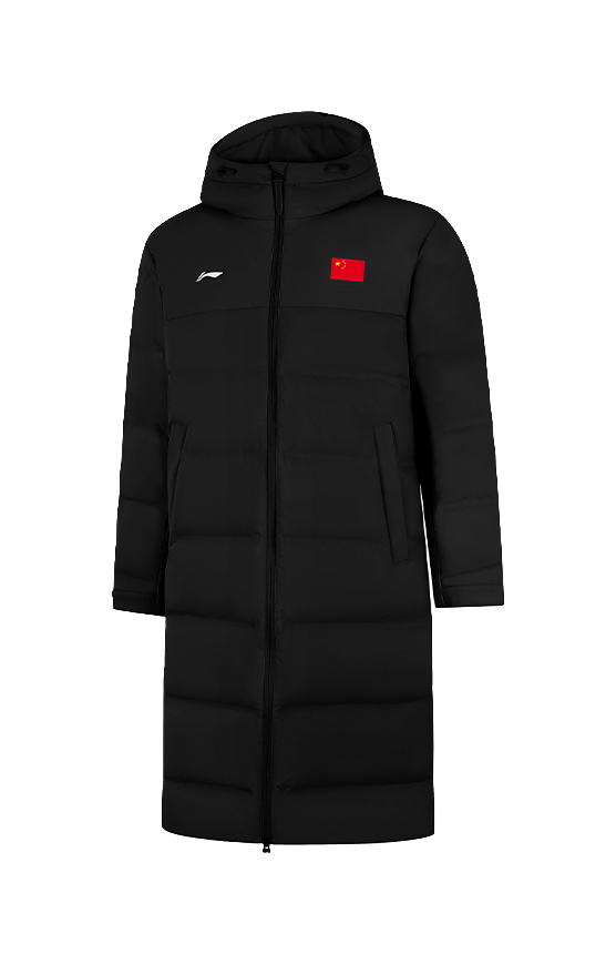 Li-Ning black hooded down coat, front view with hood and mid-length hem