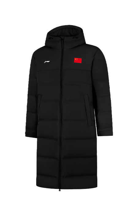 Li-Ning black hooded down coat, front view with hood and mid-length hem