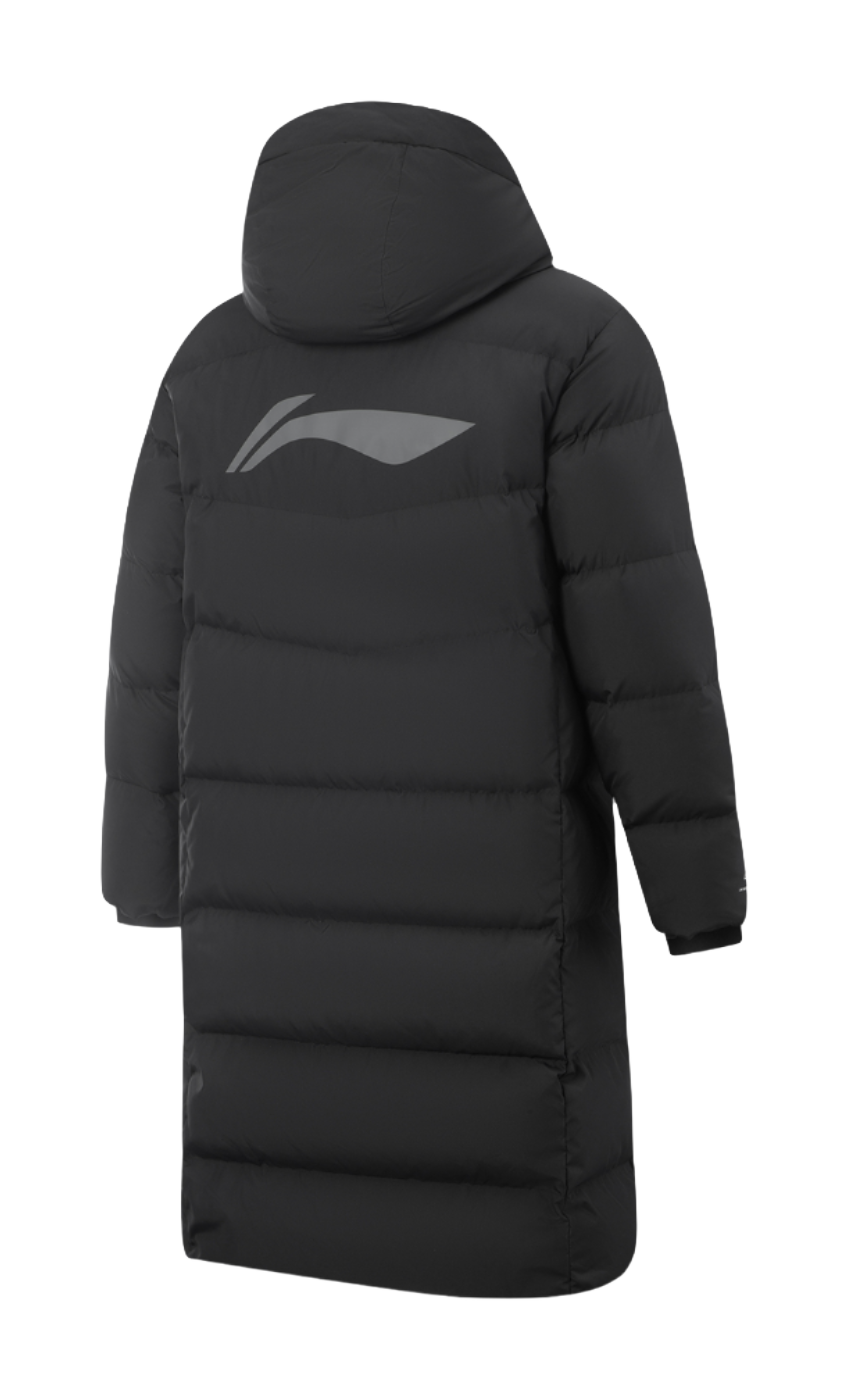 Men's black hooded down jacket, back view with quilted baffles and chest logo