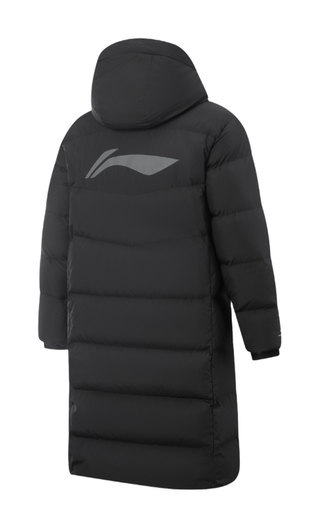 Men's black hooded down jacket, back view with quilted baffles and chest logo