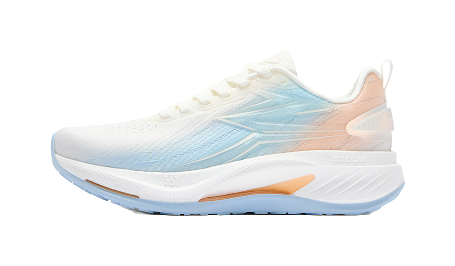 Women's low-top running shoes, white with blue gradient, lace-up, orange side accent